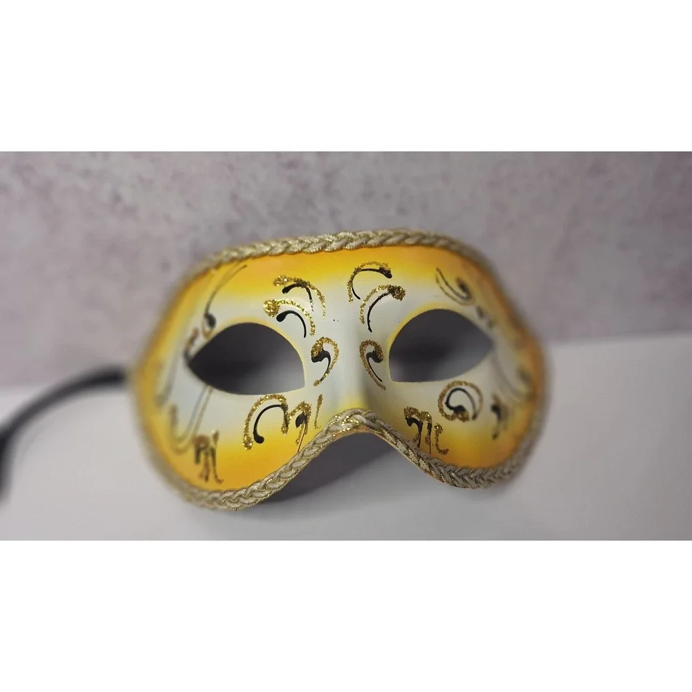 PlasticDecorative VenetianMasquerade Half Mask Yellow withGold Scrollwork Pat